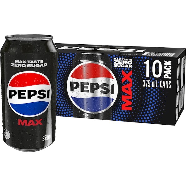 Pepsi Max No Sugar Cola Soft Drink Cans Multipack 375ml X 10 Pack